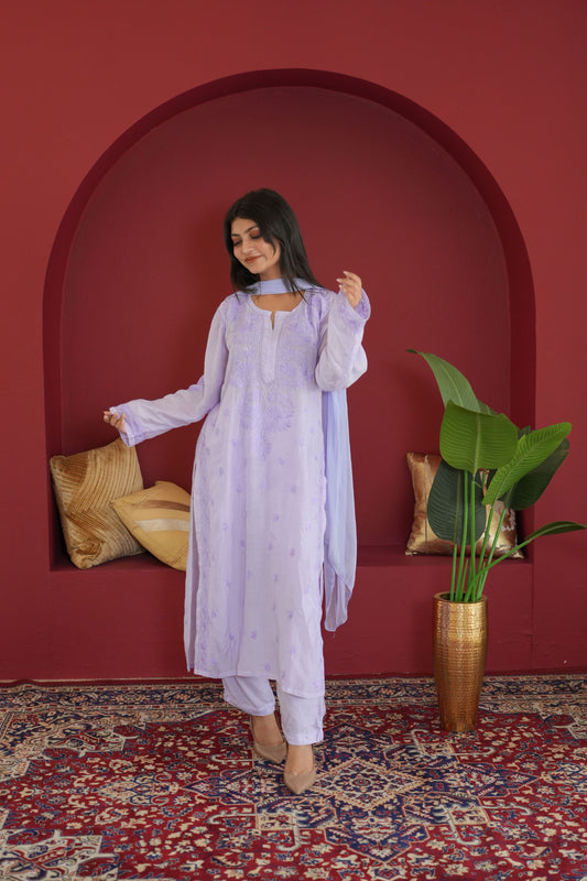 Hayat Chikankari Muslin Silk 3 Piece Set