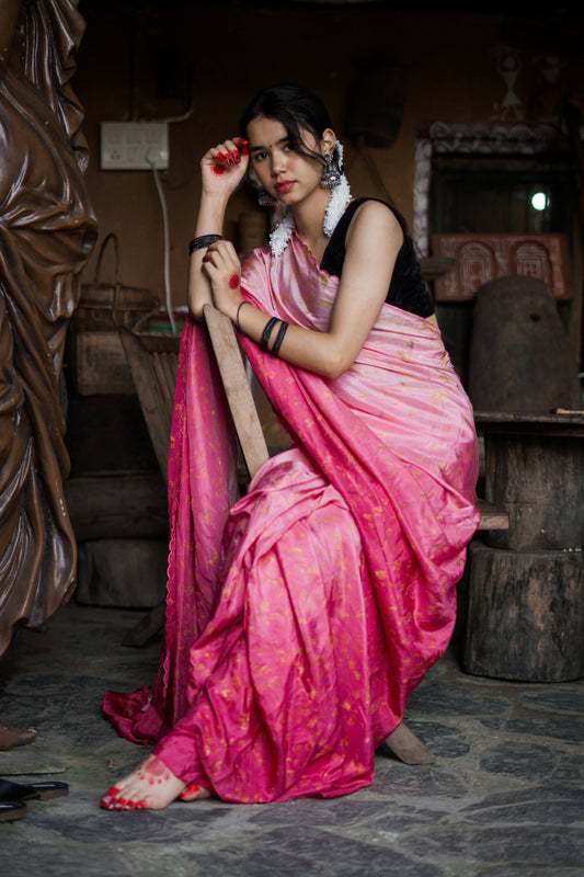 Natural Flower Dyed Rani Habutai Silk Saree