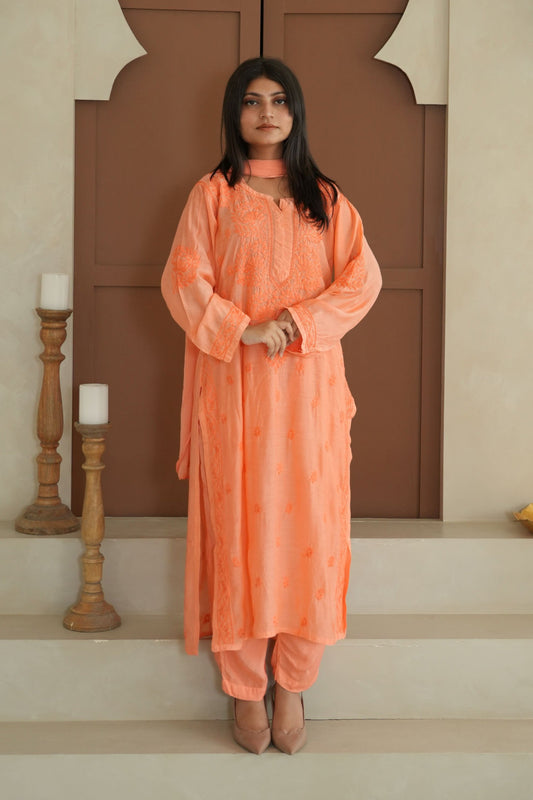 Hayat Chikankari Muslin Silk 3 Piece Set