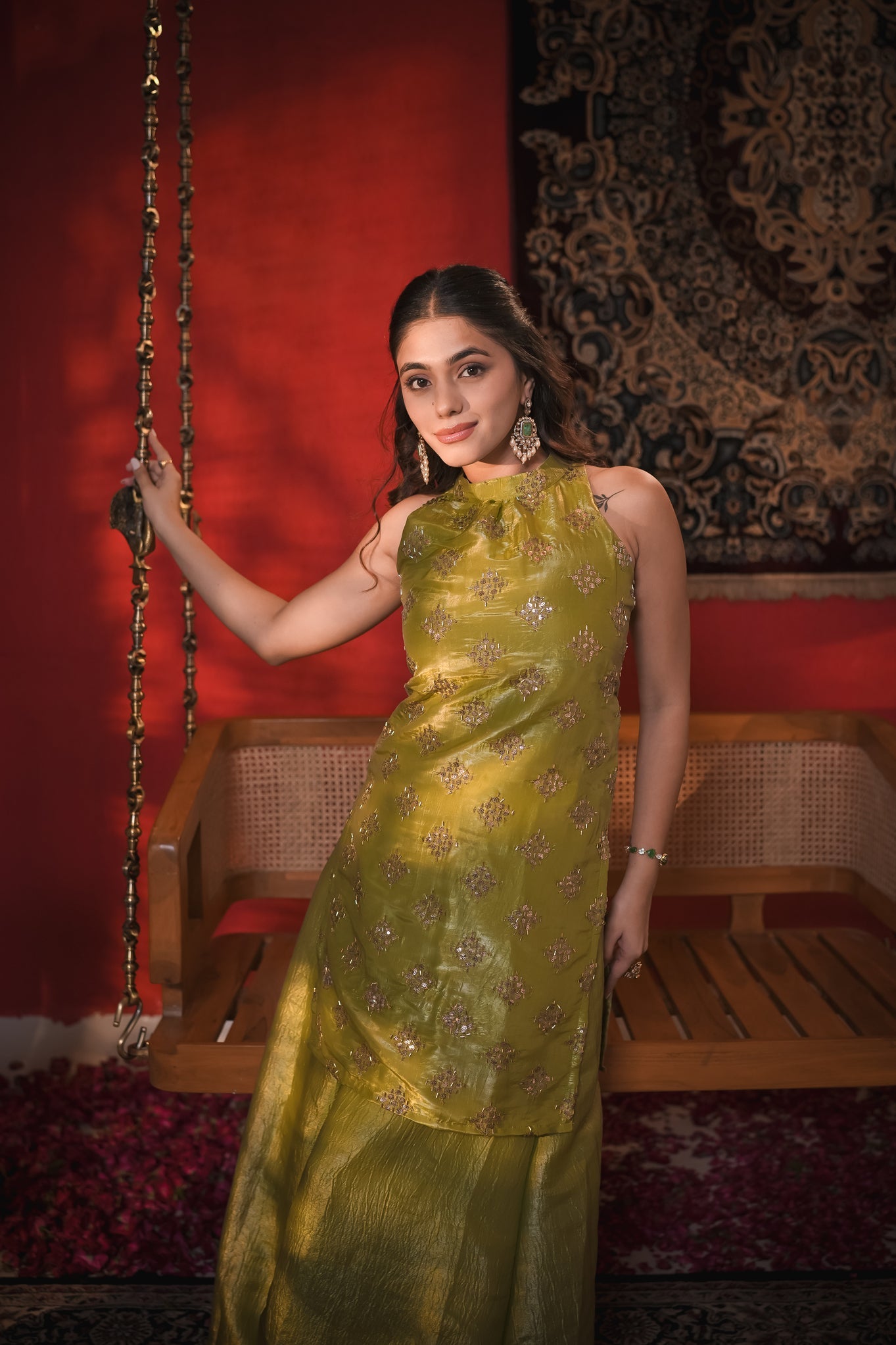 Naina Green Hand Work Suit Set
