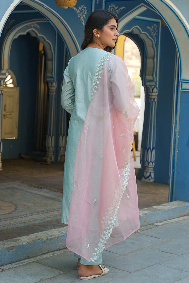 Ice Blue Chanderi Suit With Lace And Embroidery