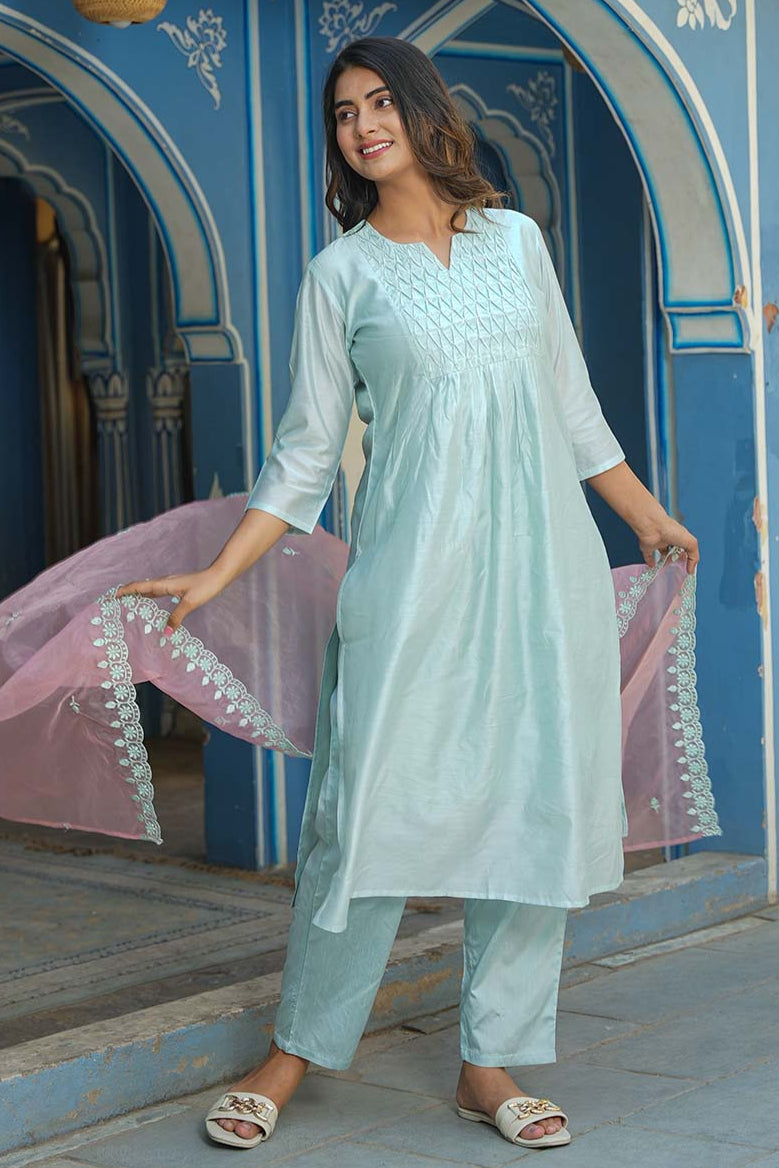 Ice Blue Chanderi Suit With Lace And Embroidery