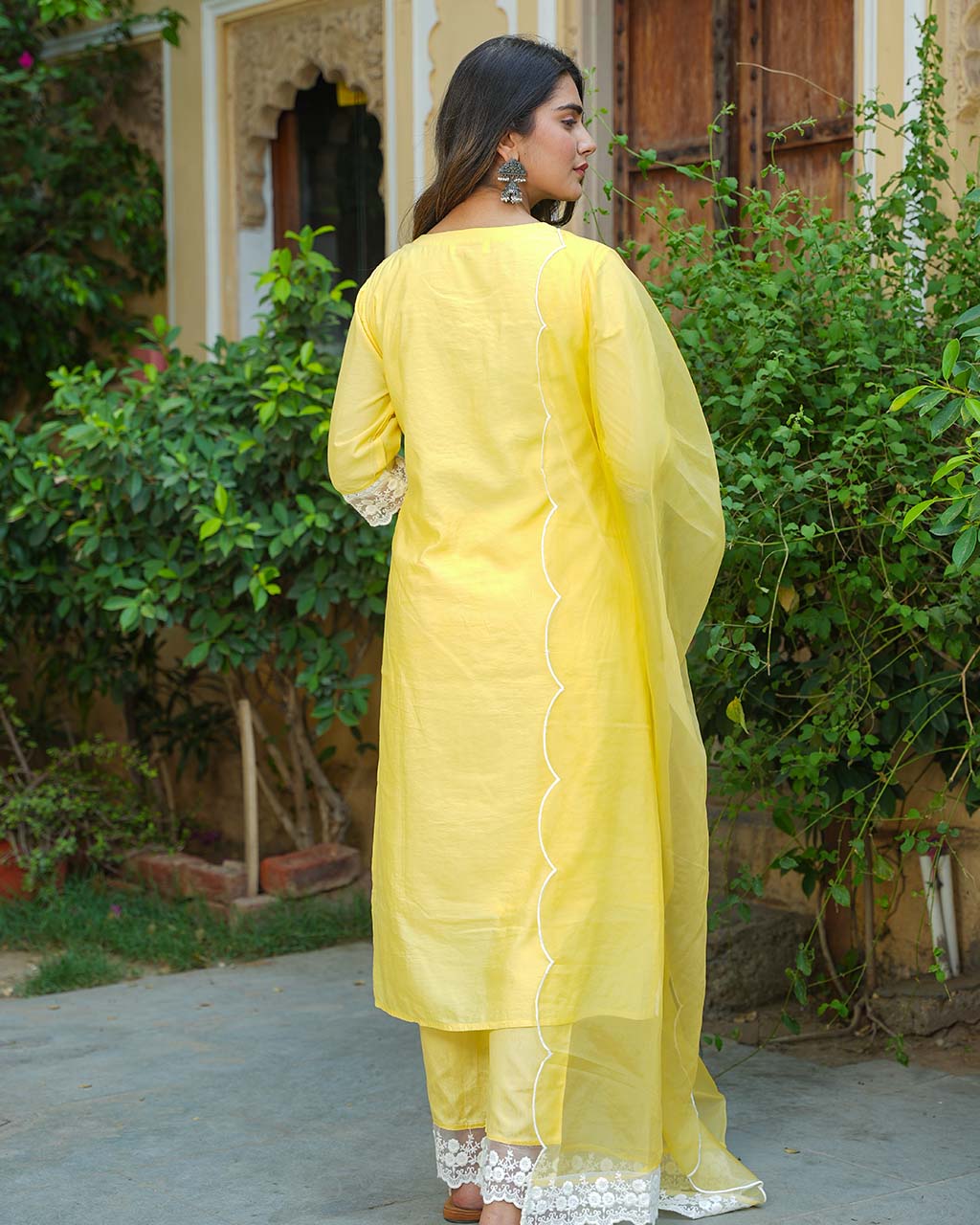 Yellow Chanderi Suit Set With Lace Work