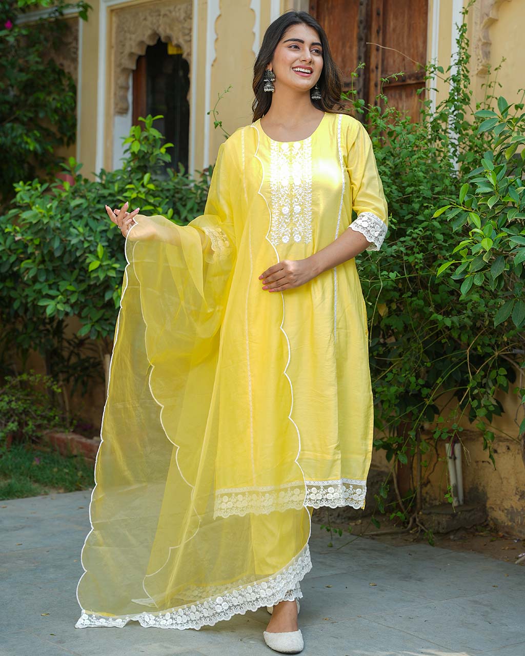 Yellow Chanderi Suit Set With Lace Work