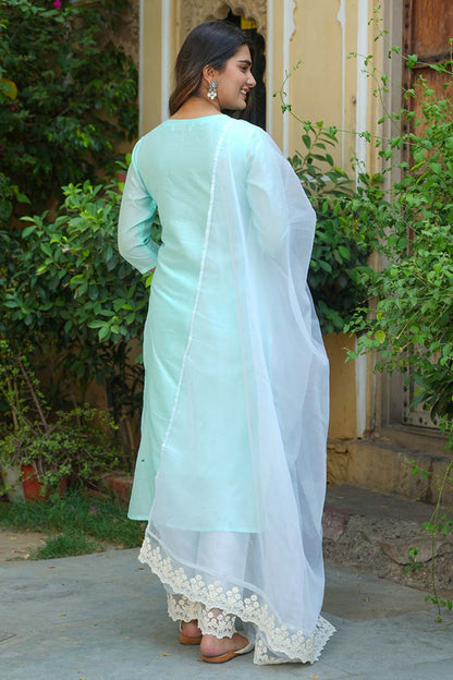 Ice Blue Chanderi Suit Set With Lace Work