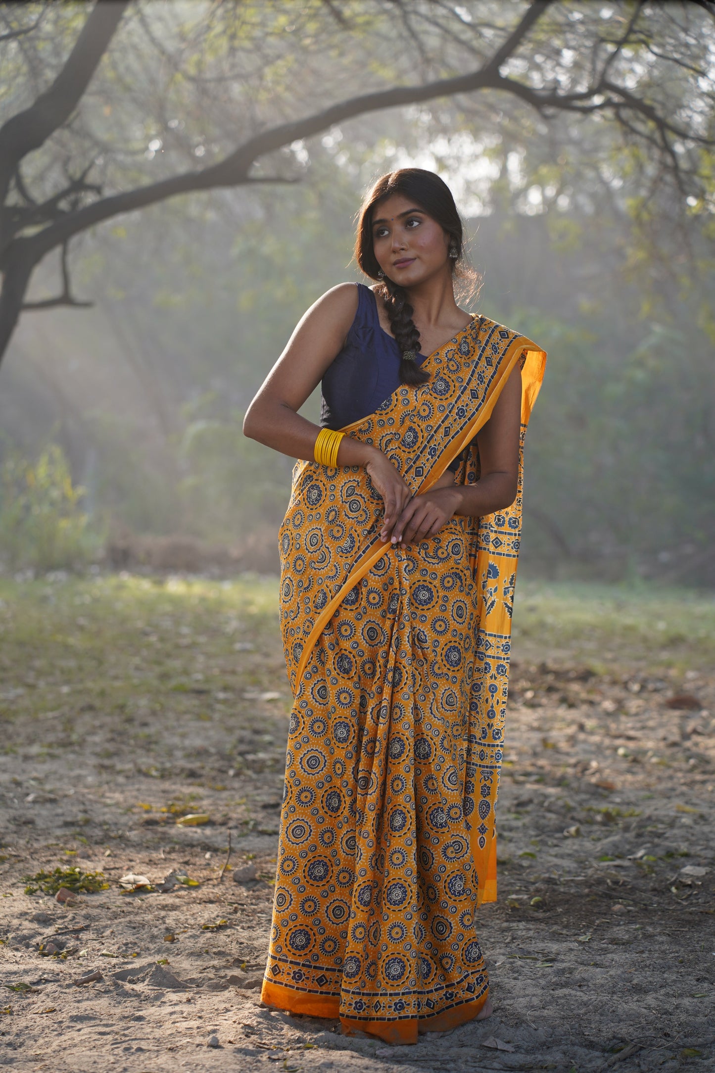 A Beautiful Sunset Ajrakh Handblock Print Natural Dyed Mulmul Cotton Saree