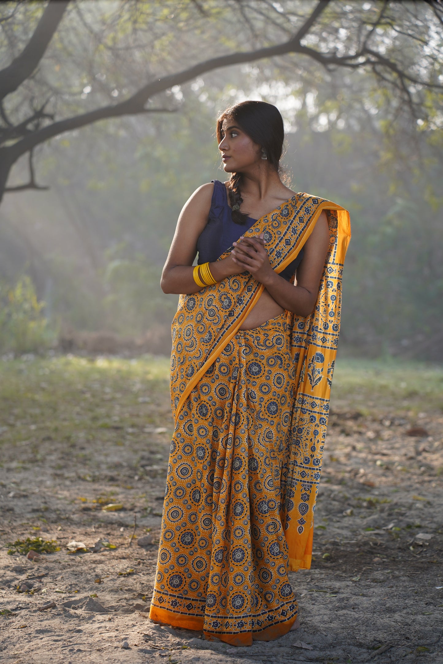 A Beautiful Sunset Ajrakh Handblock Print Natural Dyed Mulmul Cotton Saree