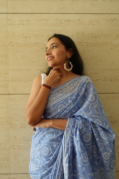 Floral Sky - Handblock Print Natural Dyed - Sky Blue Mulmul Cotton Saree