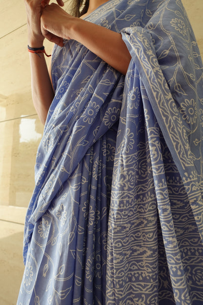 Floral Sky - Handblock Print Natural Dyed - Sky Blue Mulmul Cotton Saree