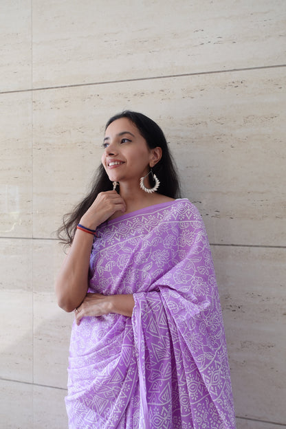 Lavender Love Letter - Handblock Print Natural Dyed - Mulmul Cotton Saree