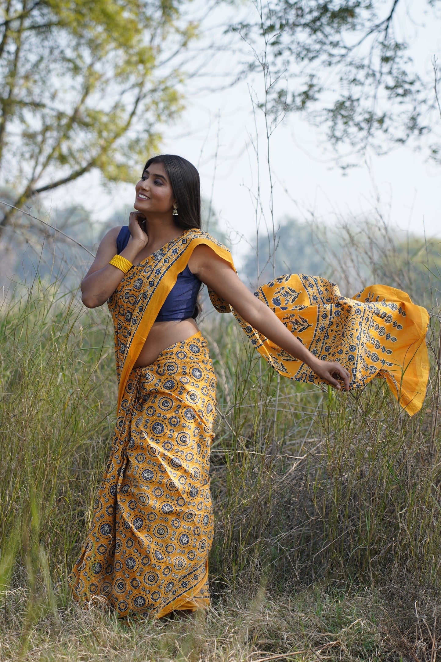 A Beautiful Sunset Ajrakh Handblock Print Natural Dyed Mulmul Cotton Saree