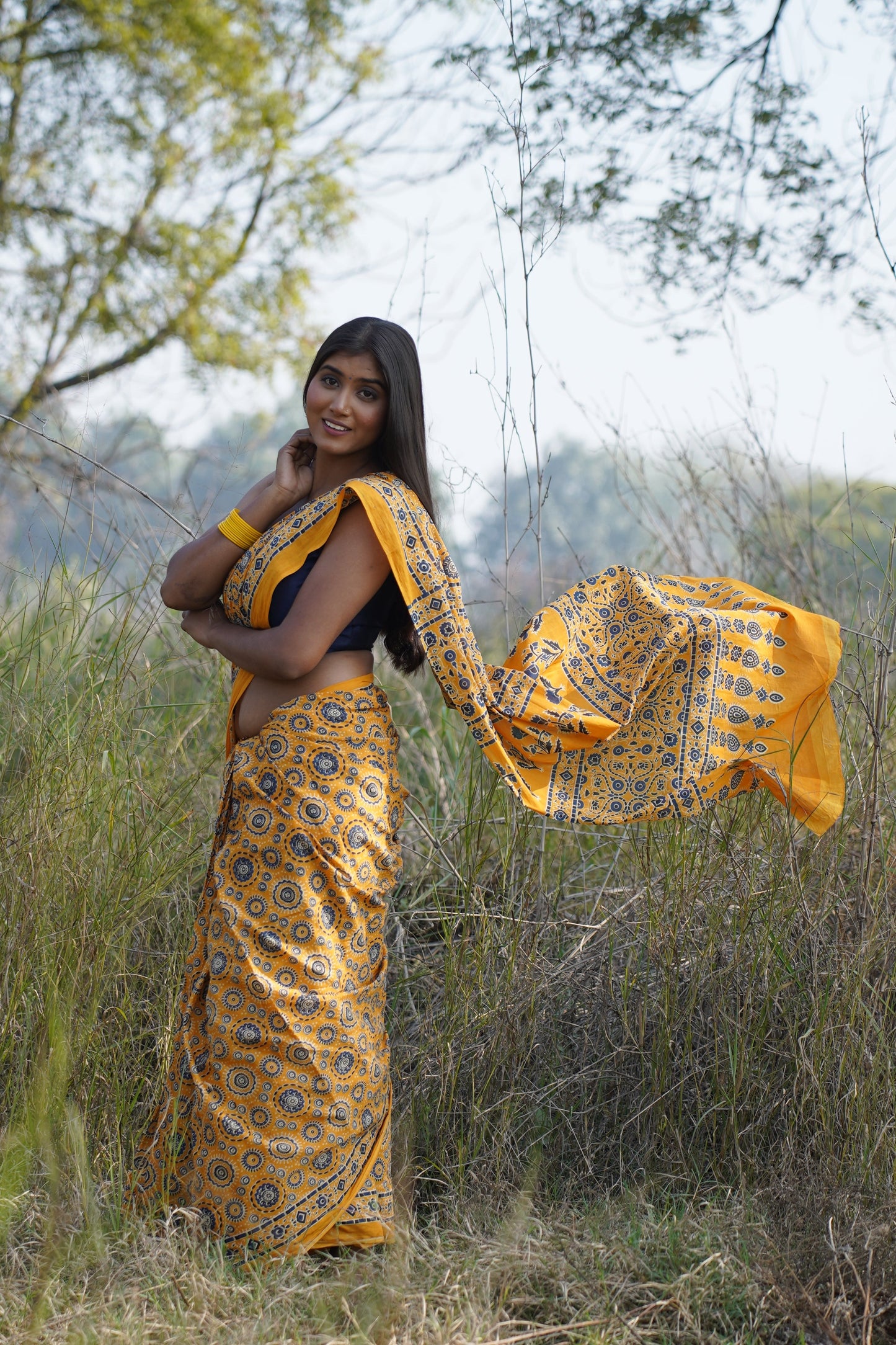 A Beautiful Sunset Ajrakh Handblock Print Natural Dyed Mulmul Cotton Saree