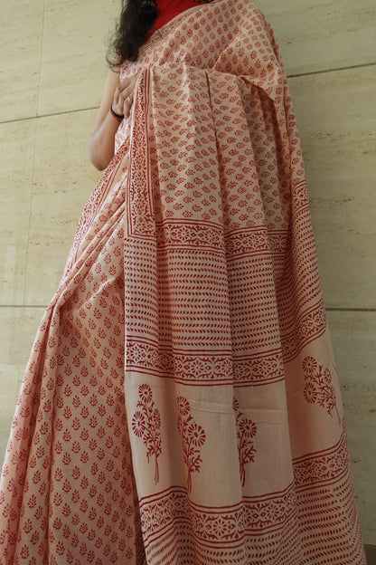 Earthy Essence Saree Handblock Print Natural Dyed - BeigeMulmul Cotton Saree