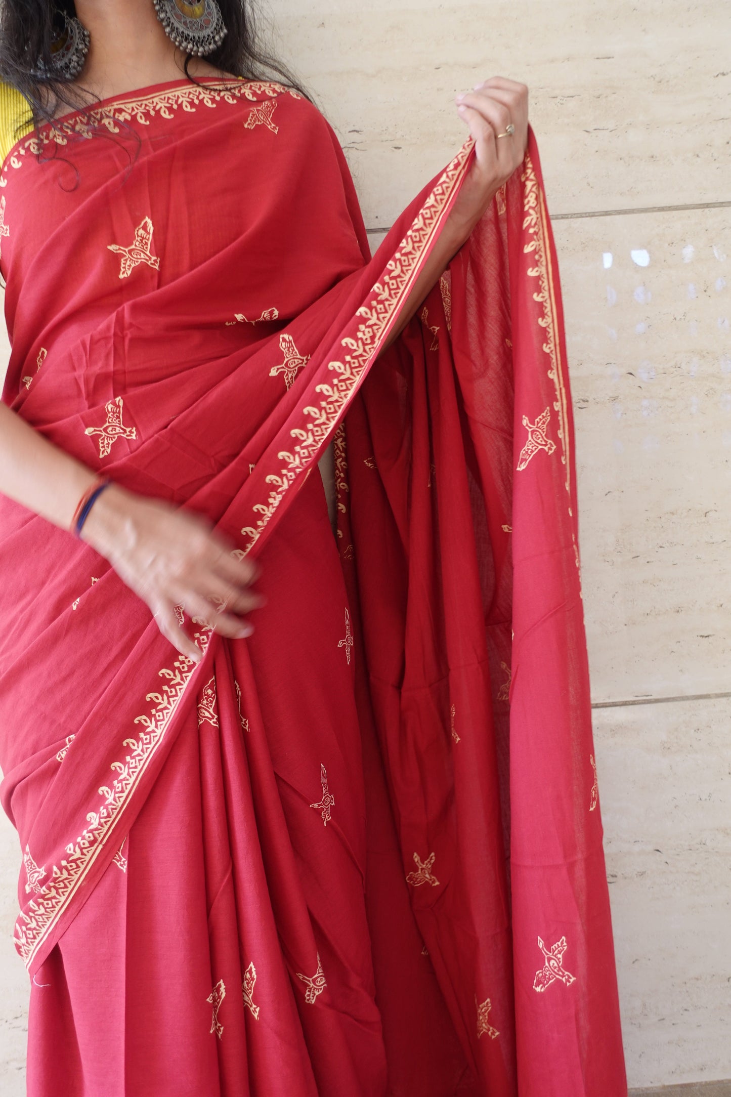 Free Sparrow - Handblock Print Natural Dyed - Red Mulmul Cotton Saree