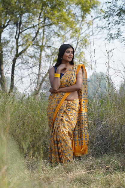 A Beautiful Sunset Ajrakh Handblock Print Natural Dyed Mulmul Cotton Saree