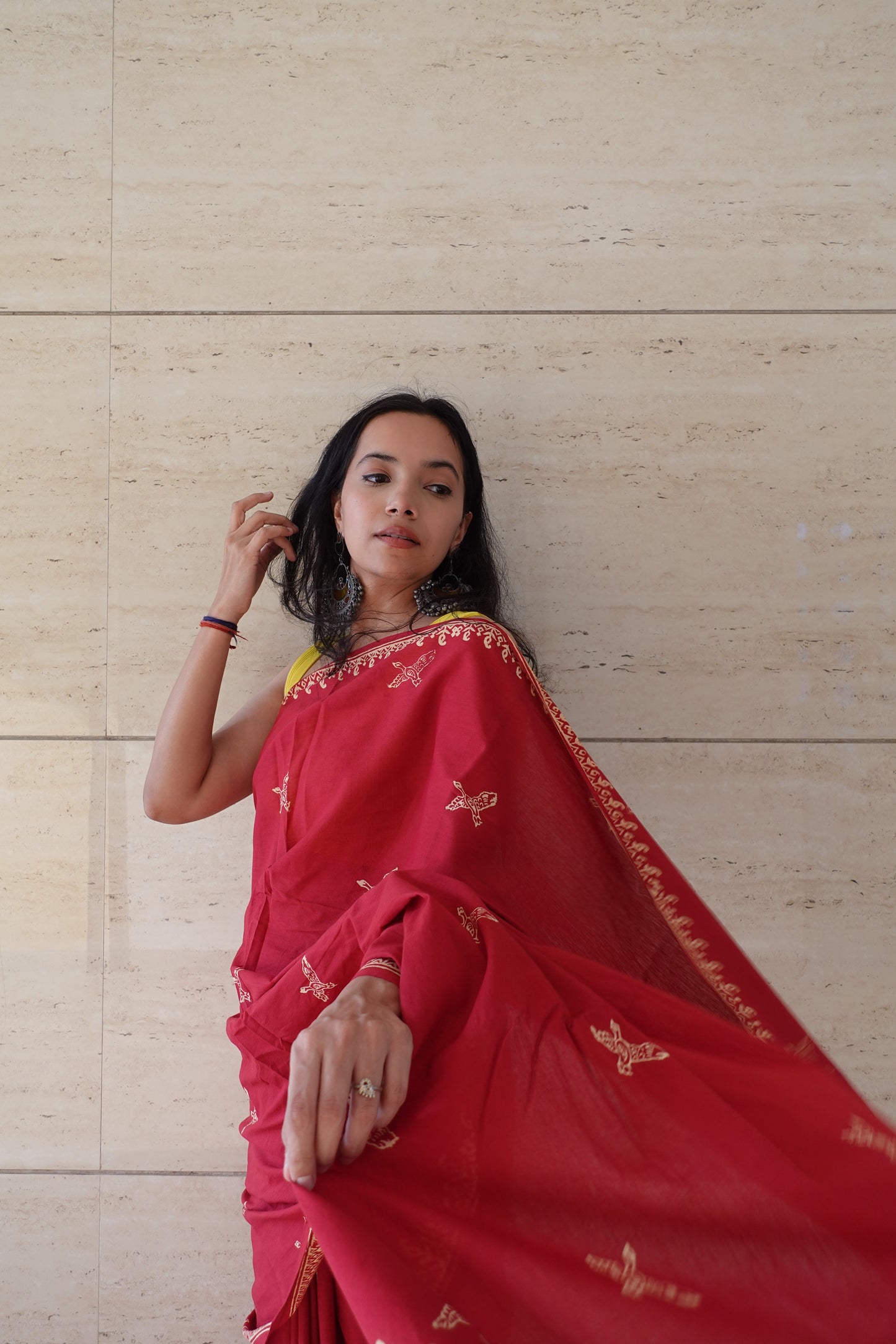 Free Sparrow - Handblock Print Natural Dyed - Red Mulmul Cotton Saree