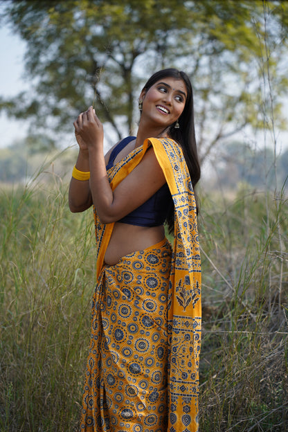 A Beautiful Sunset Ajrakh Handblock Print Natural Dyed Mulmul Cotton Saree