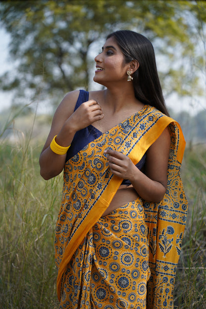 A Beautiful Sunset Ajrakh Handblock Print Natural Dyed Mulmul Cotton Saree