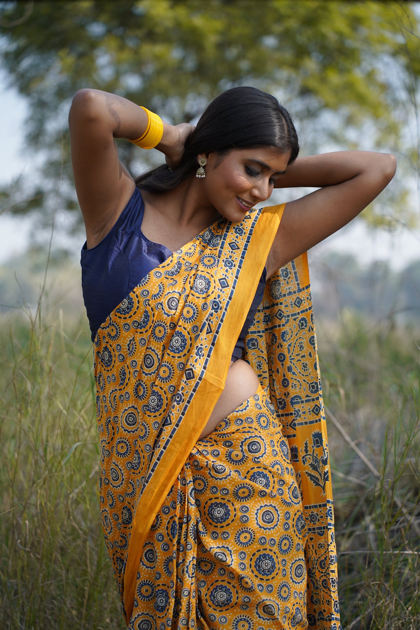 A Beautiful Sunset Ajrakh Handblock Print Natural Dyed Mulmul Cotton Saree