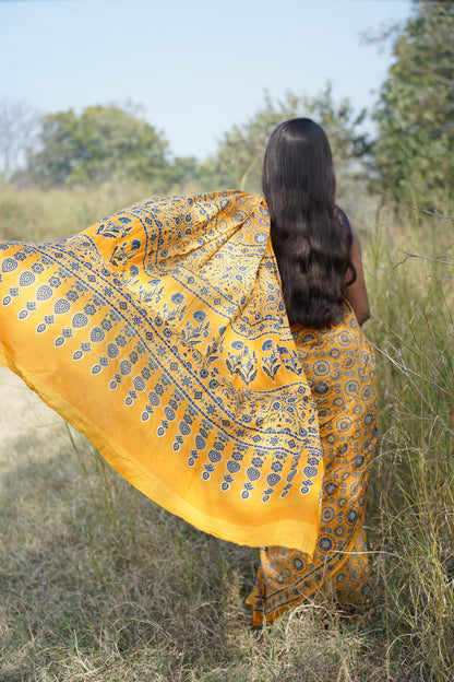 A Beautiful Sunset Ajrakh Handblock Print Natural Dyed Mulmul Cotton Saree