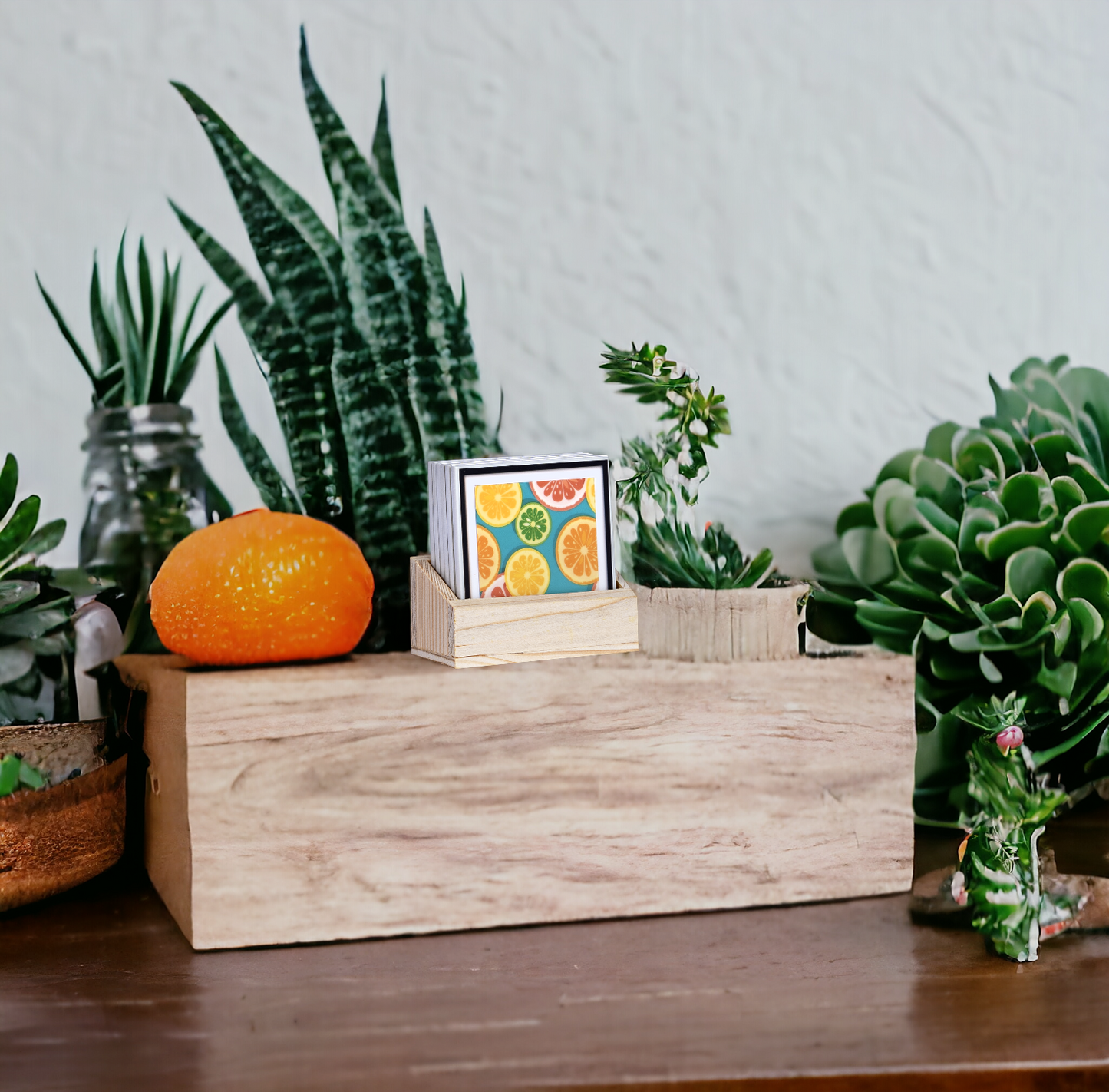 Sliced Fruits Tea Coasters - Set of 6 with wooden stand