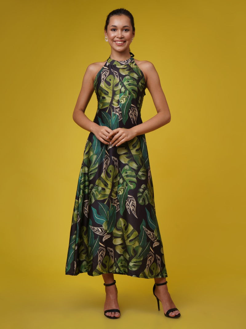 Black & Green Muslin Tropical Halter Dress