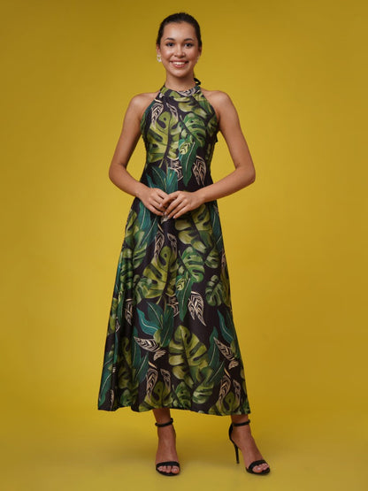 Black & Green Muslin Tropical Halter Dress