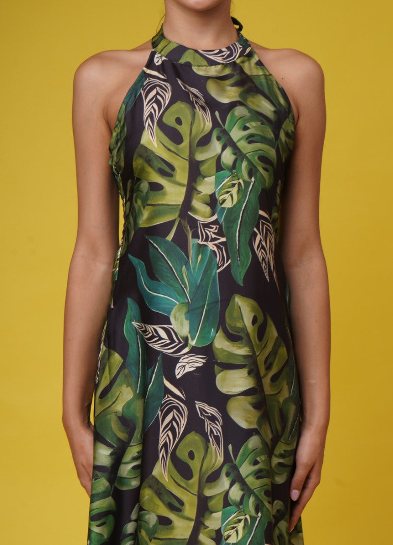 Black & Green Muslin Tropical Halter Dress