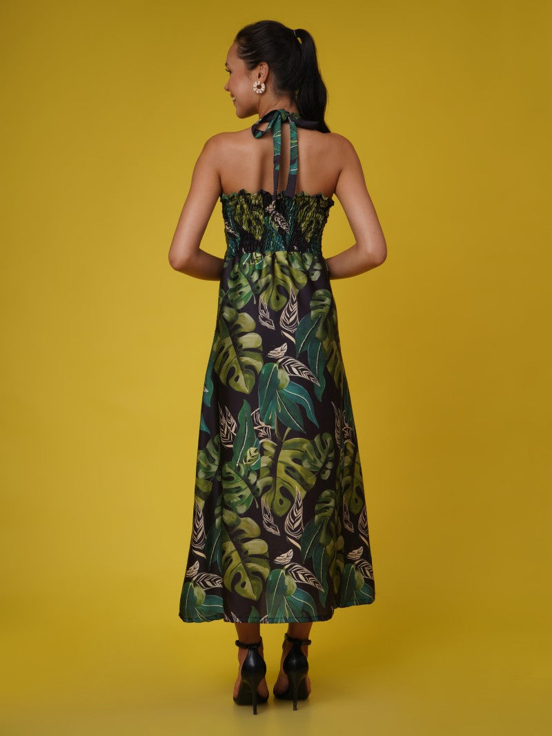 Black & Green Muslin Tropical Halter Dress