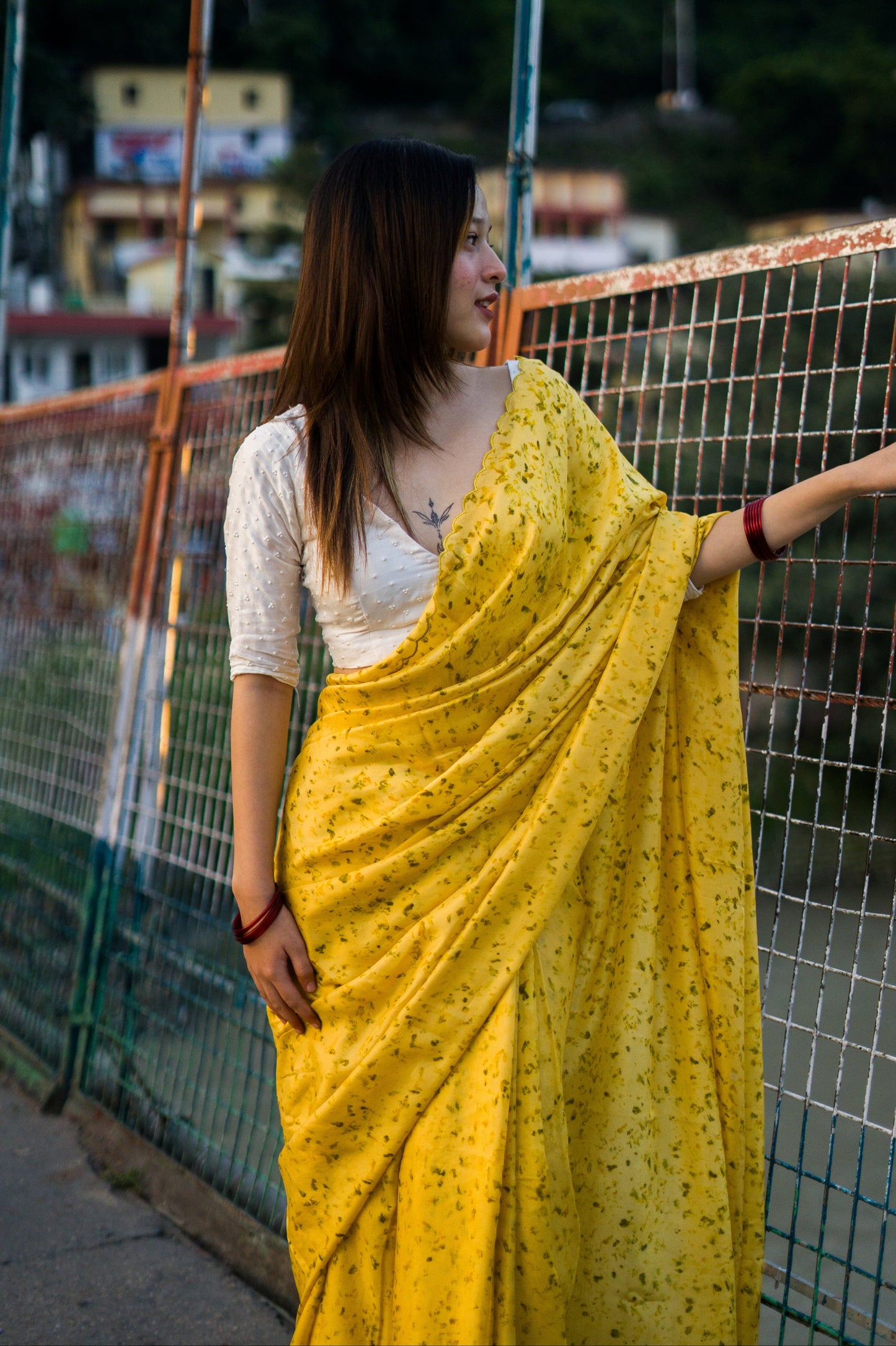 Natural Flower Dyed Genda Habutai Silk Saree