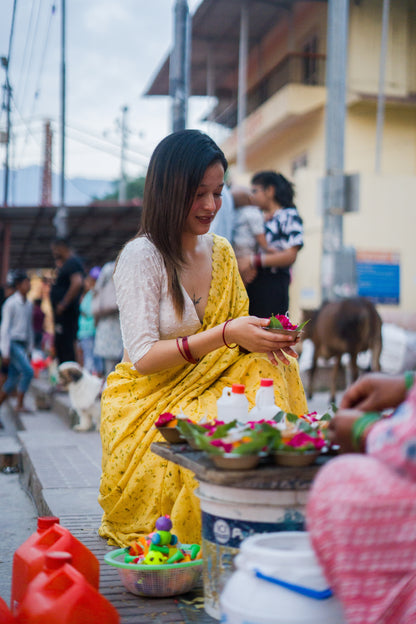 Natural Flower Dyed Genda Habutai Silk Saree