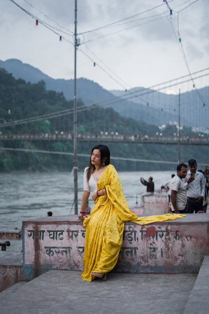 Natural Flower Dyed Genda Habutai Silk Saree