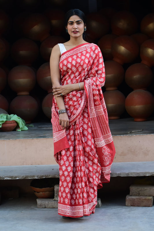 EyeCandy Mulmul Cotton Block Printed Red Saree