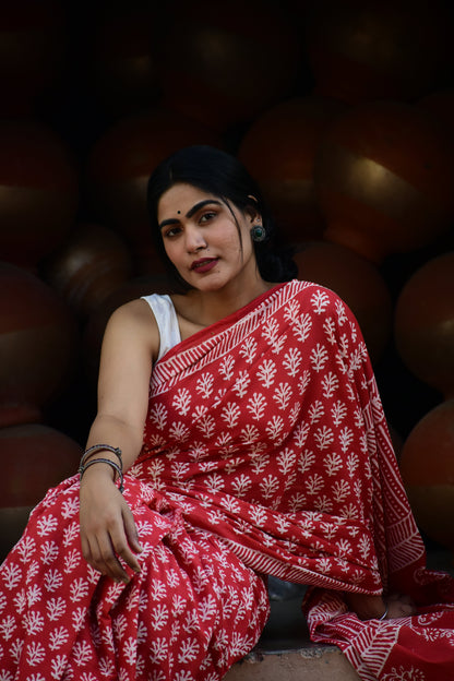 EyeCandy Mulmul Cotton Block Printed Red Saree