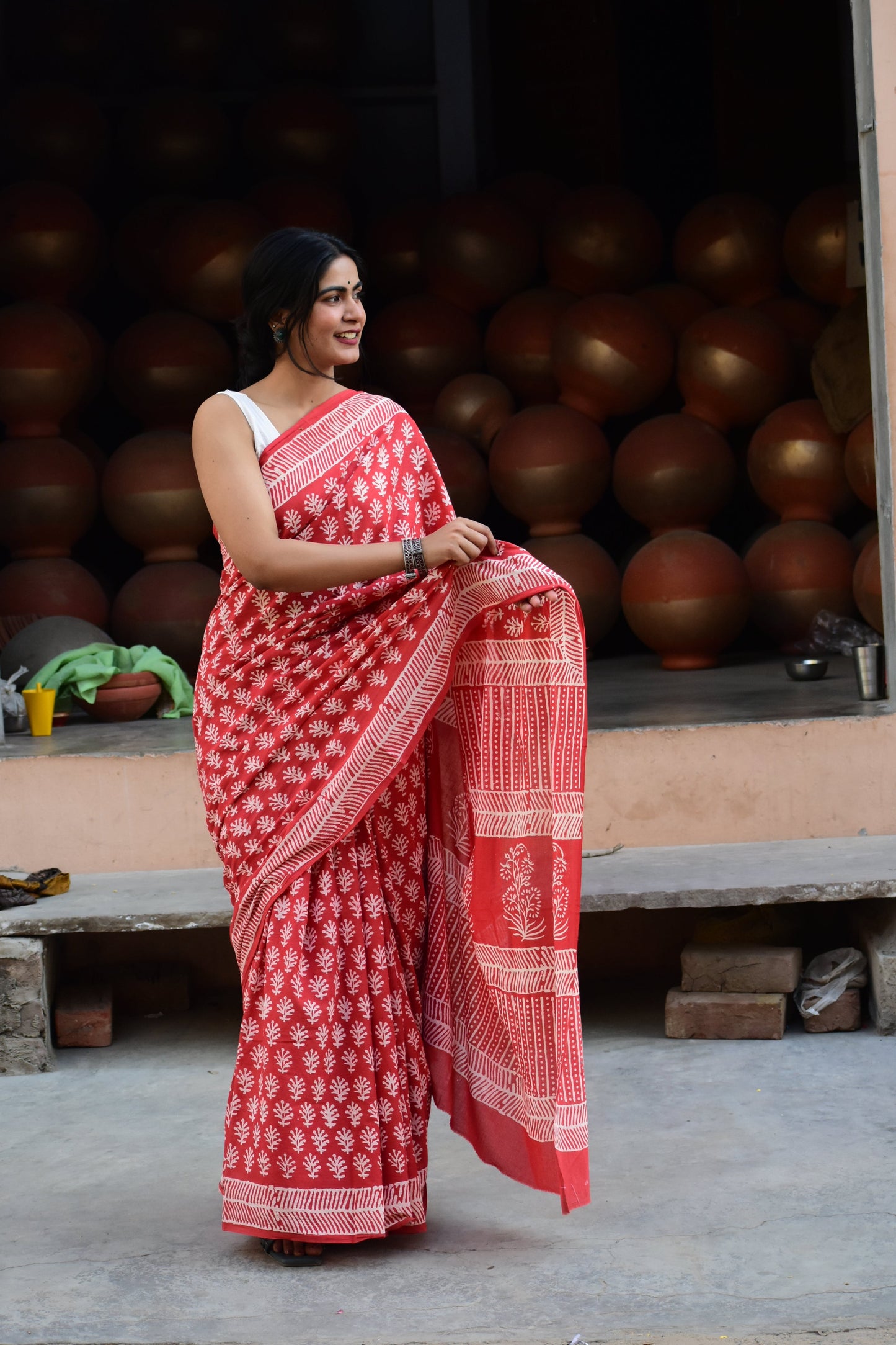 EyeCandy Mulmul Cotton Block Printed Red Saree