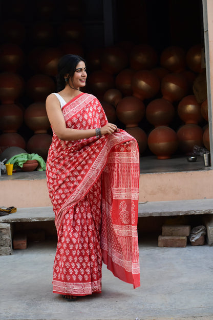 EyeCandy Mulmul Cotton Block Printed Red Saree