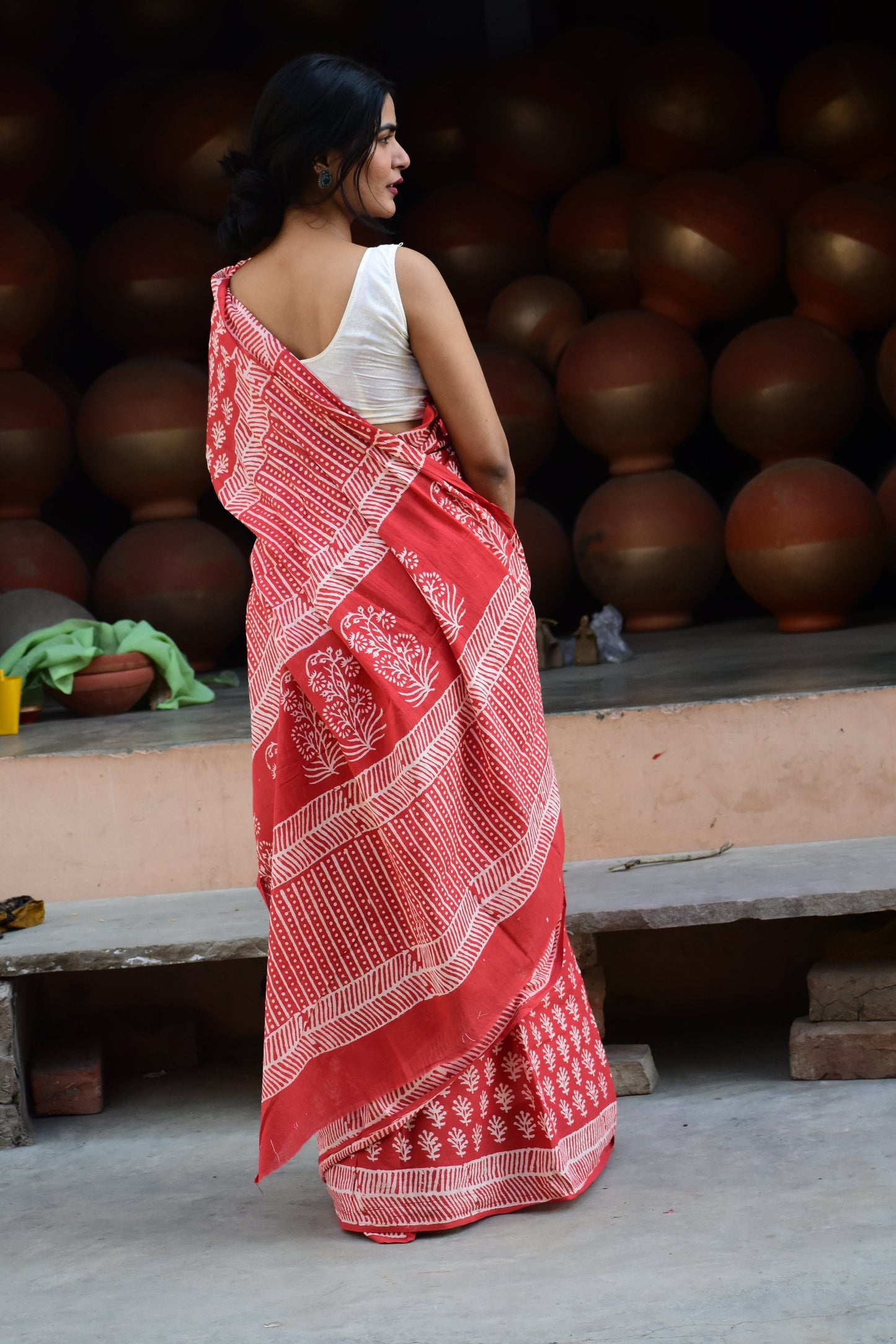 EyeCandy Mulmul Cotton Block Printed Red Saree