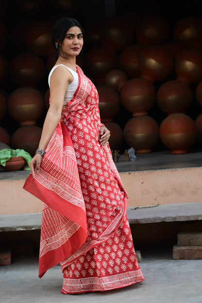 EyeCandy Mulmul Cotton Block Printed Red Saree
