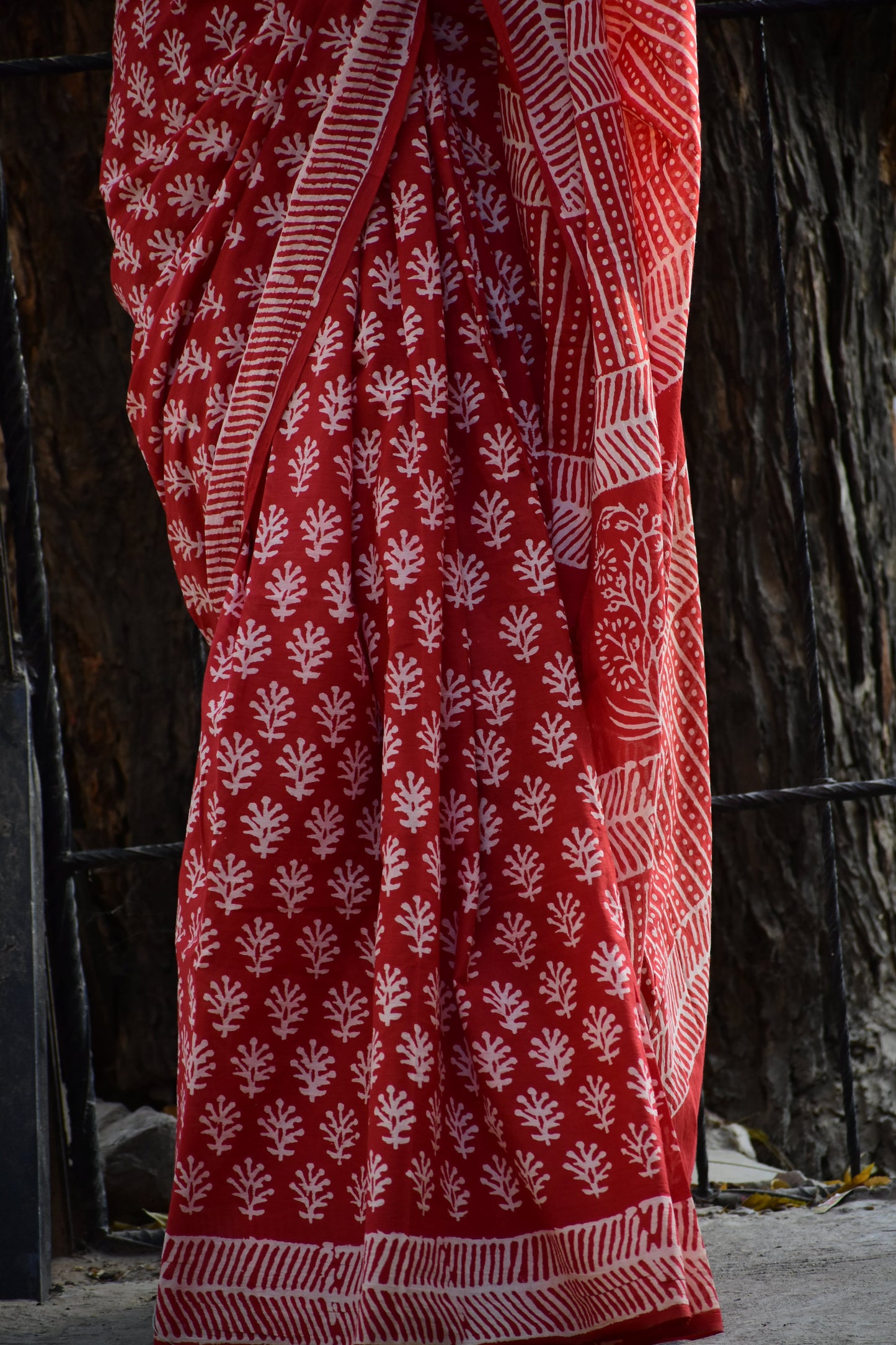 EyeCandy Mulmul Cotton Block Printed Red Saree