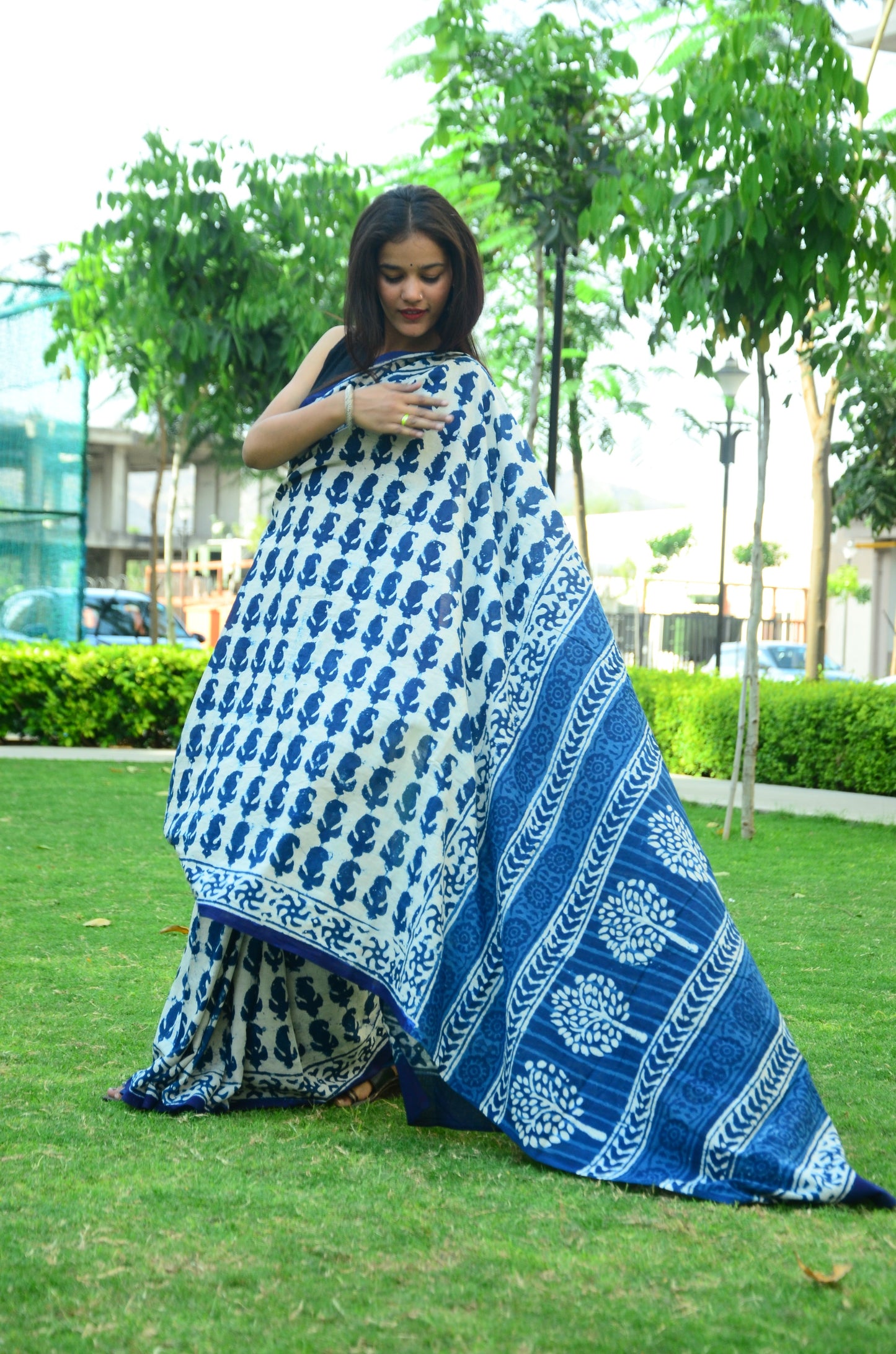 Inspired by Clouds Indigo Cotton Mulmul Dabu Saree