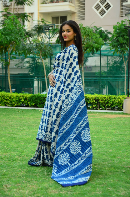 Inspired by Clouds Indigo Cotton Mulmul Dabu Saree