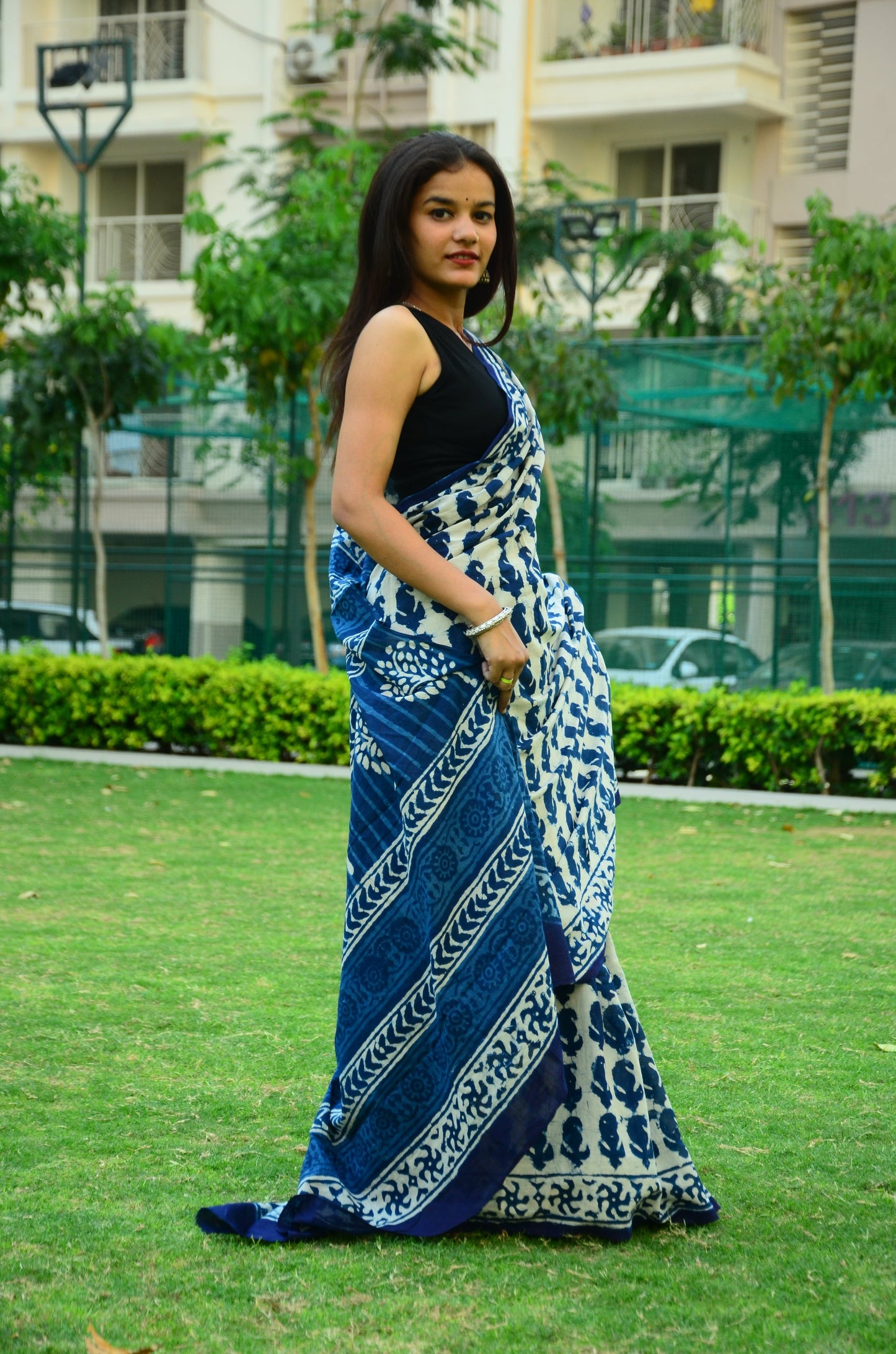 Inspired by Clouds Indigo Cotton Mulmul Dabu Saree