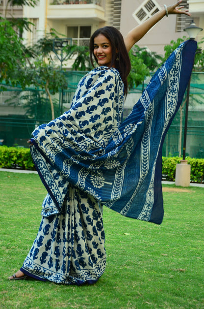 Inspired by Clouds Indigo Cotton Mulmul Dabu Saree