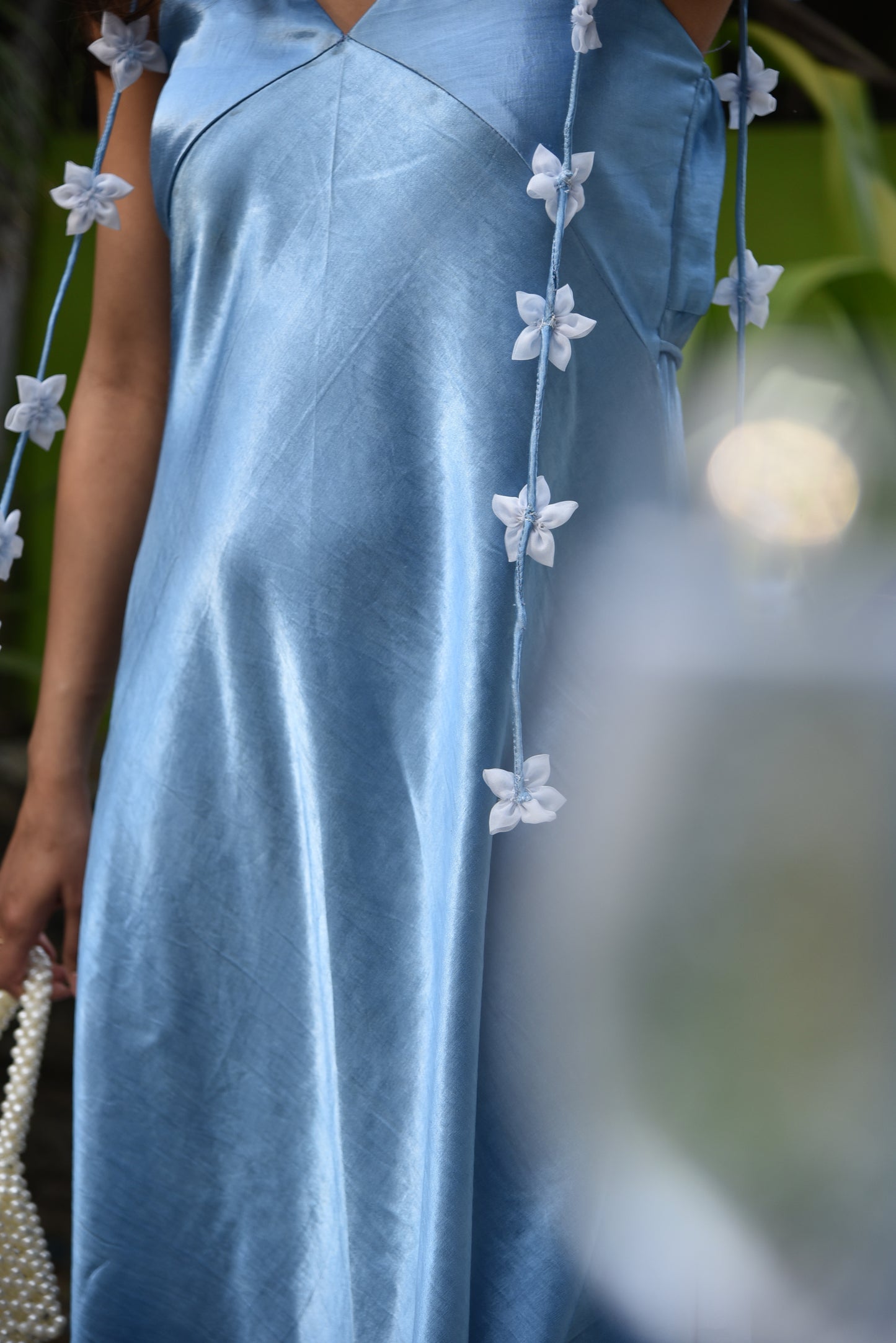 Handmade Floral String Blue Silk Slip Dress