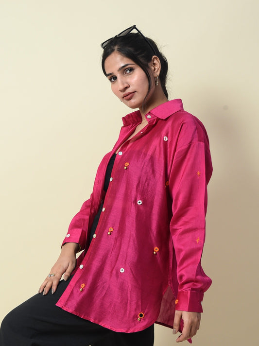 Hot Pink Menka Chanderi Silk Ghungroo Shirt