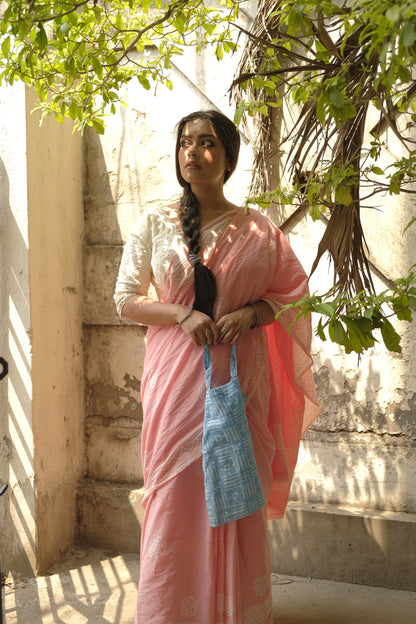 Peach Rose - Handblock Print Natural Dyed - Peach Mulmul Cotton Saree