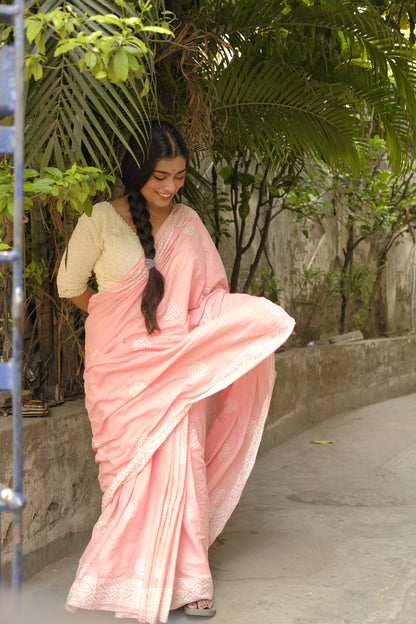 Peach Rose - Handblock Print Natural Dyed - Peach Mulmul Cotton Saree