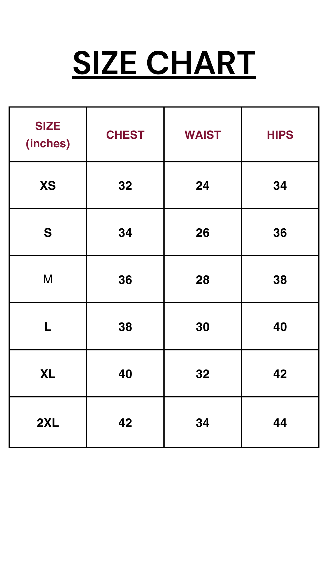 SIZE CHART..