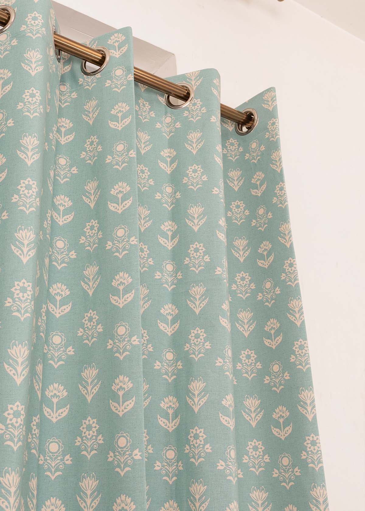 Room Darkening - Dahlia Cotton Floral Blue Curtain