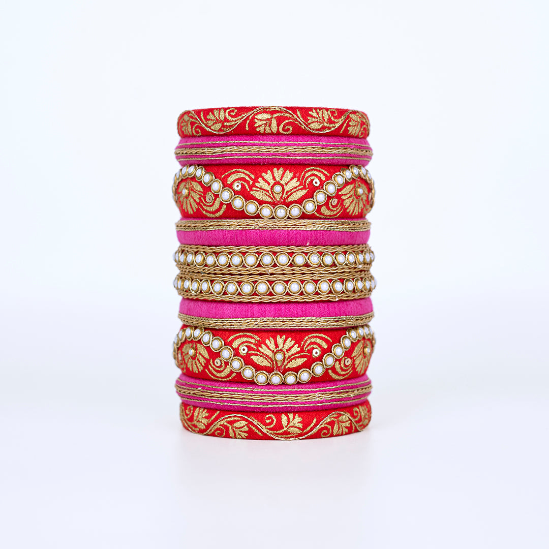 Diva Pink & Red Embroidered Bangle Set